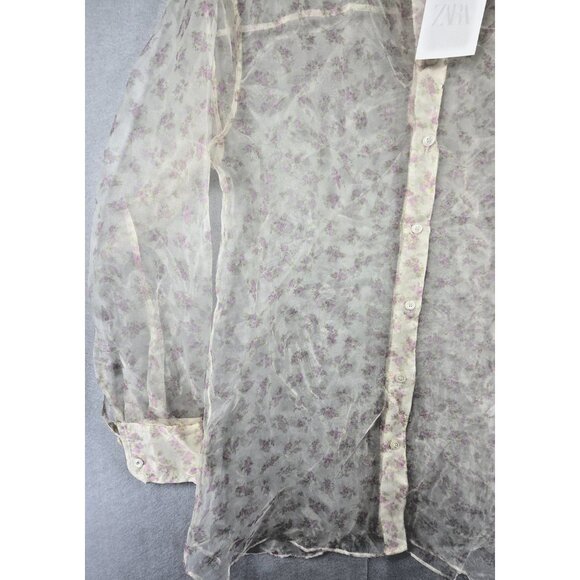 Zara XS Sheer Floral Organza Button-Up Blouse NWT Lightweight Dressy Top - Picture 2 of 16